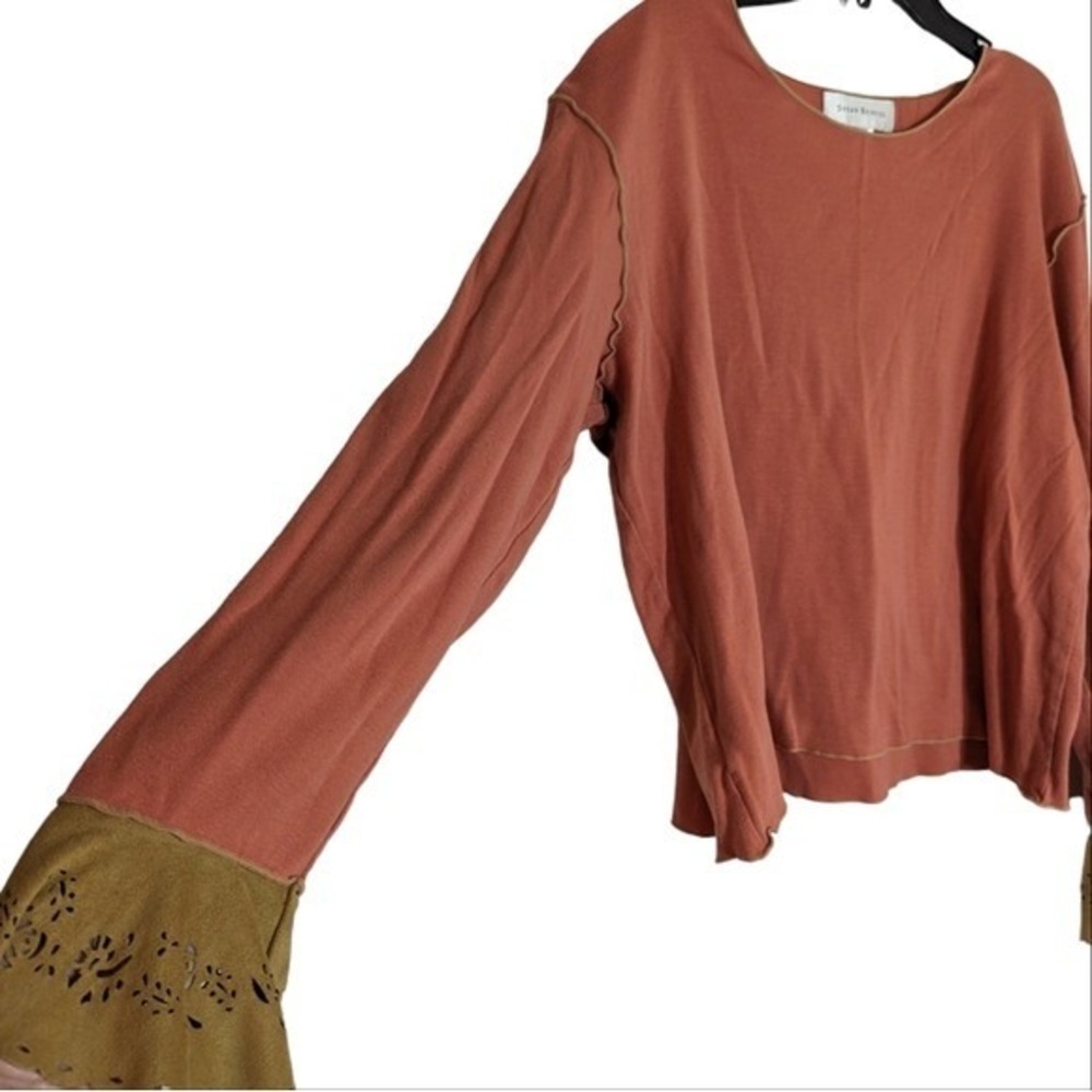 Susan Bristol Terracotta Knit Top‎ Bell Sleeve Laser Cut Floral Olive Cuffs XL